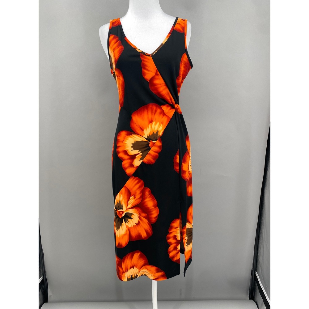 Vtg 90s Y2K BCBG Paris Floral Pansy Sleeveless Midi Dress Womens S Orange Brats